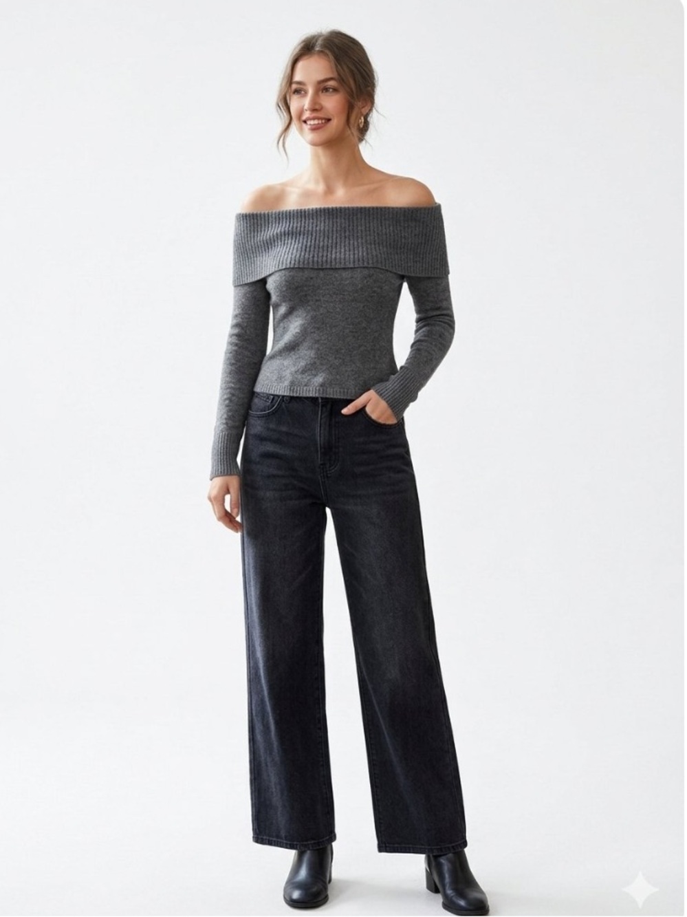 Cider Dark Gray Off-the-Shoulder Ribbed Knit Sweater Size XS